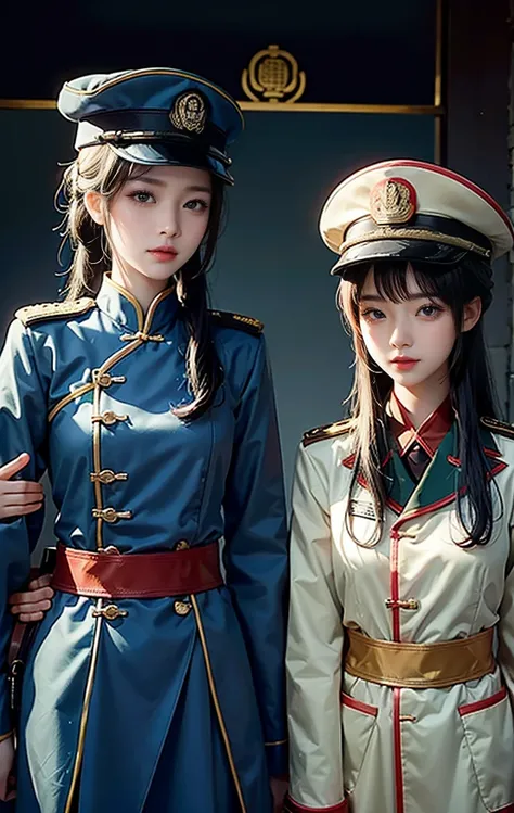 （Several Chinese female soldiers standing side by side）, Dressed in military uniform, Wearing a neat military cap，