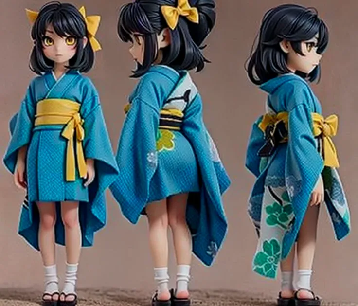 model reference sheet of anime girl, chibi, black hair, yellow eyes, cyan bow in hair, white kimono with blue strap, green black and yellow designs on the kimono, black japanese zori with blue straps, turnaround, front-side-back