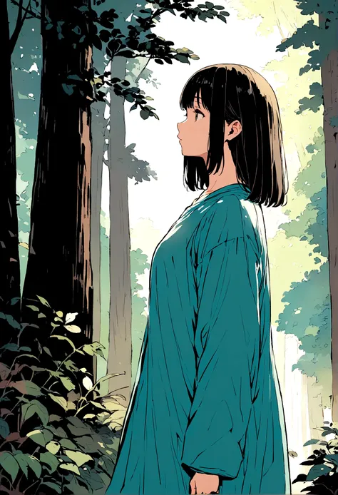 Normal straight-haired girl in home clothes walking through a forest, Profile