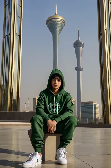 
Text recording with camera
A 15-year-old boy with green eyes and golden skin wearing a Lash hoodie and All-Star shoes, with the Milad Tower in Tehran behind him.