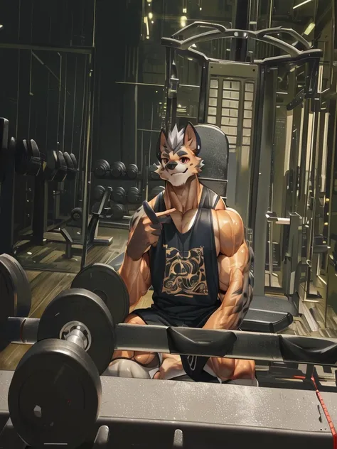 there is a man sitting on a bench in a gym, working out, in a gym, muscular!!, lifting weights, with abs, super buff and cool, muscular!, bursting with muscles, ((trending on E621, trending on Furaffinity digital media, trending on Artstation, trending on ...