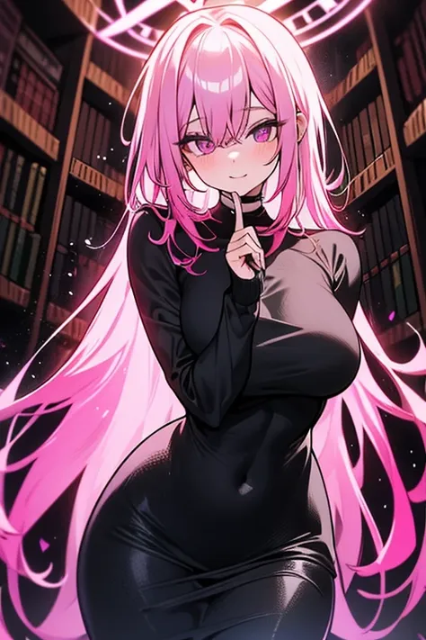 Perfect face, Perfect hands. A pink haired woman with violet eyes and an hourglass figure wearing a black sweater sweater dress is spinning her scythe in the library