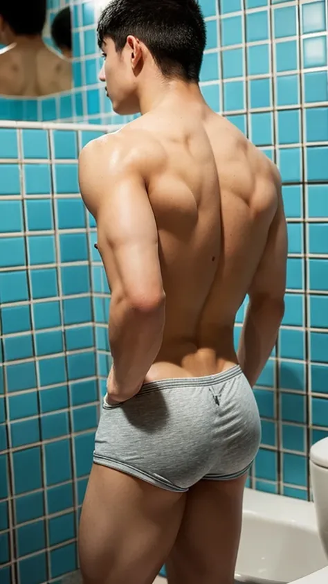 A very young looking Japanese man、12 years old、Short and  but muscular、Short, young, smooth, plump skin、Sporty short black hair、A pose with healthy, bulging muscles that still retains a youthful look、In the bathroom at night、Cute boxer shorts made of thin ...