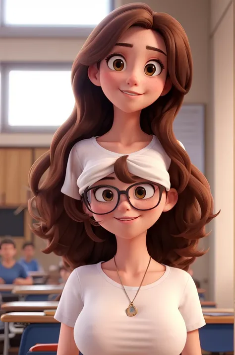 Brunette high school teacher, wearing a cropped white t-shirt ((best quality)), ((masterpiece)), (detailed), perfect face,big breasts