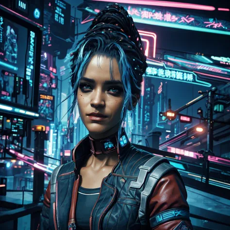 there is a woman with blue hair and a jacket, hyper-realistic cyberpunk style, realistic art style, retrato ciberpunk, 🤤 portrai...