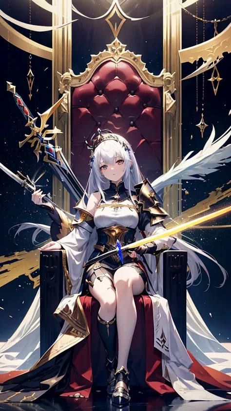 Anime girl sitting on a throne with a sword in her hand, Shadowverse style, from Arknights, White-haired God, Sitting on a complicated throne, Shadowverse, Sitting on a golden throne, Epic light novel art cover, Broken Throne, ((Beautiful Fantasy Empress))...