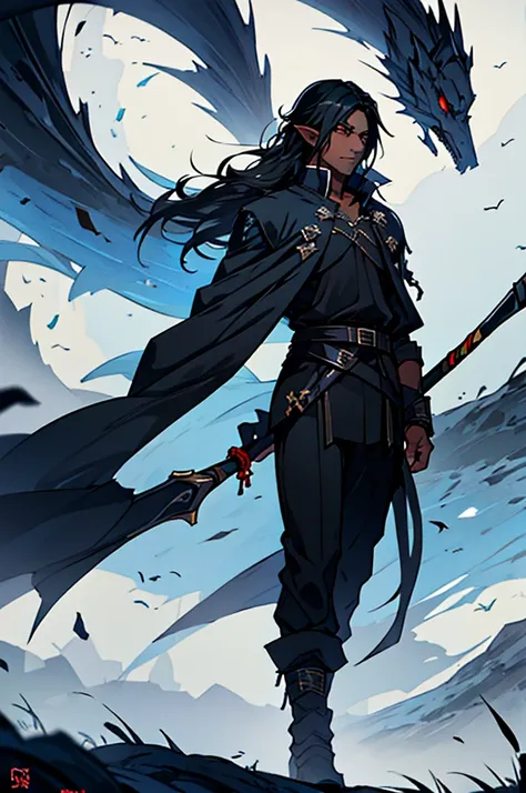 Mature man, long black hair, dark skinned, elf, battle mage outfit, black scythe 