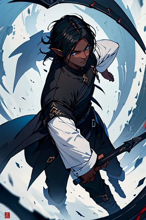 Mature man, long black hair, dark skinned, elf, battle mage outfit, black scythe 