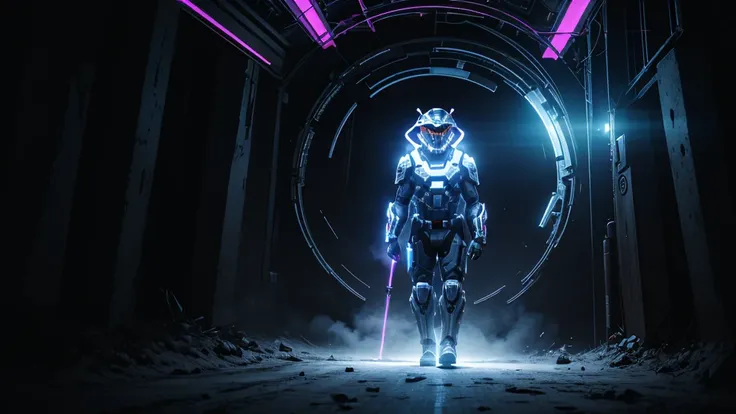 long shot, walking through a portal to another world, full body shot of halo of heavens cyberpunk soldier wearing mask thats glows red in the eyes, wearing all white with a halo, walking through a portal to another world, high detail,  wide shot, 4K, 3D, R...