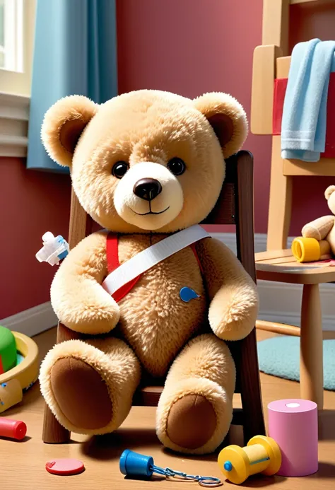 A teddy bear with a bandage over one eye and a sling on its arm, sitting on a wooden chair. The bear has patches of fur missing, indicating past injuries. The background is a childs room with toys scattered around.
