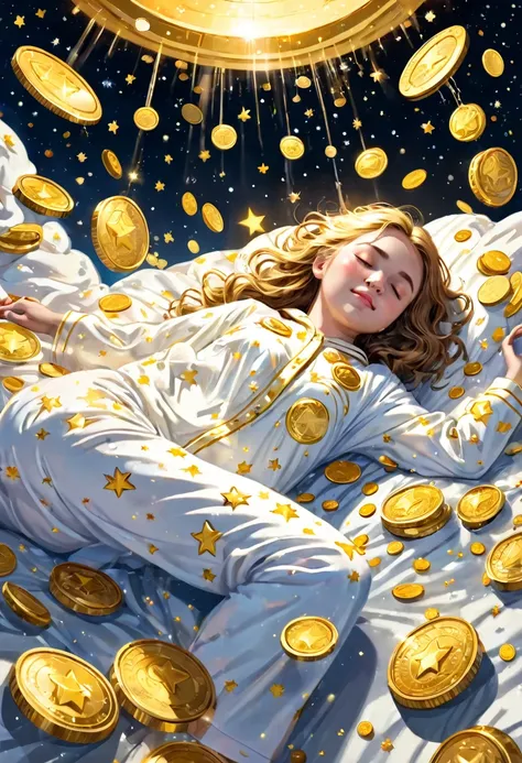 a girl sleeping in outer space, wearing white soft luxury pajamas, a dream, surrounded coins, a shower of gold light, a lot of m...