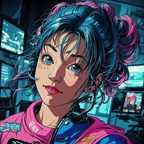 there is a woman with blue hair and a jacket, hyper-realistic cyberpunk style, realistic art style, retrato ciberpunk, 🤤 portrai...