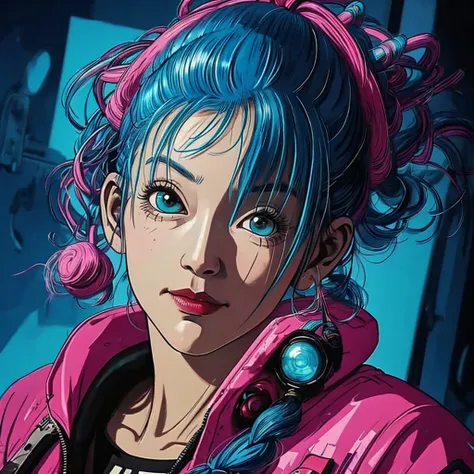 there is a woman with blue hair and a jacket, hyper-realistic cyberpunk style, realistic art style, retrato ciberpunk, 🤤 portrai...