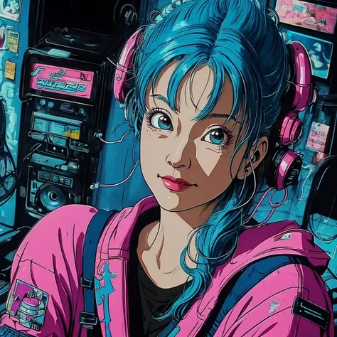 there is a woman with blue hair and a jacket, hyper-realistic cyberpunk style, realistic art style, retrato ciberpunk, 🤤 portrai...