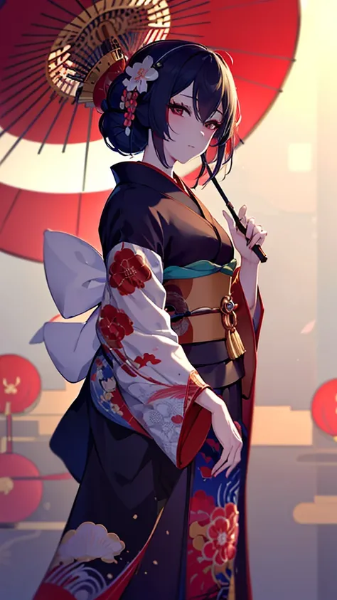 a close up of a woman in a kimono dress holding a red umbrella, japanese kimono, The Detailed Art of the Onmyoji, onmyoji, intricate geisha kimono, Traditional geisha costume, red kimono, in kimono, Inspired by Fujiwara Takanobu, Inspired by Sukenori Nishi...