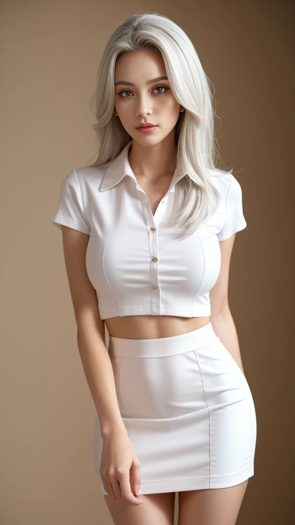 (Best quality, 4k, 8k, highres, Masterpiece :1.2),ultra-detailed,
(Realistic, realistic, realistic :1.37), beautiful detailed face, beautiful eyes, beautiful lips, seductive, a beautiful pure woman, white hair, wearing a collared shirt, black tie, a short ...