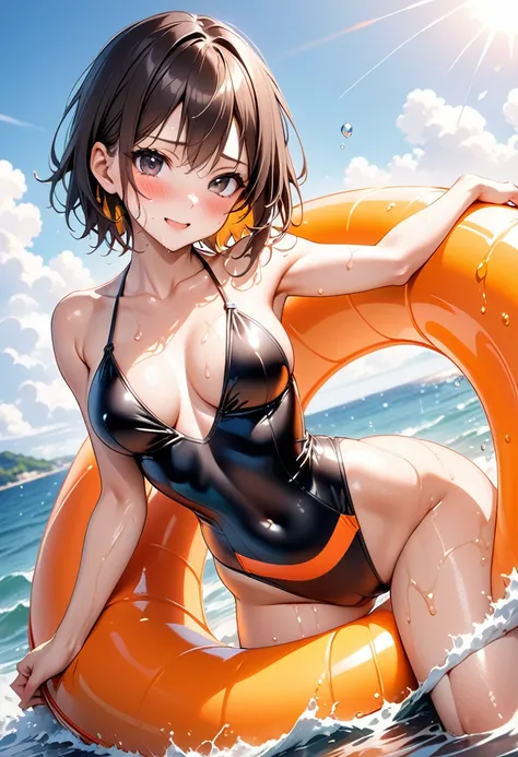 ((Lying on a rubber boat floating on the sea)), ((halterneck one-piece swimsuit a Fluorescent Orange)), skindentation, skinny, solo, 1 woman, Masterpiece, highest quality, highest quality, 16K, incredibly absurd, highly detailed, 2.5D, ai-generated, delica...