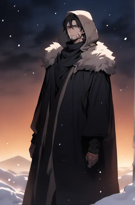 Older man with large burn scars and dark black hair. Tall, wearing a dark cloak with dusty blonde fur on the hood. wearing dark clothing underneath, fantasy winter setting, dark twilight background filled with snow, 1man