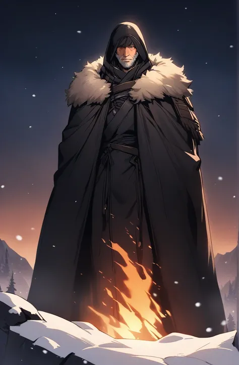 Older man with large burn scars and dark black hair. Tall, wearing a dark cloak with dusty blonde fur on the hood. wearing dark clothing underneath, fantasy winter setting, dark twilight background filled with snow, 1man