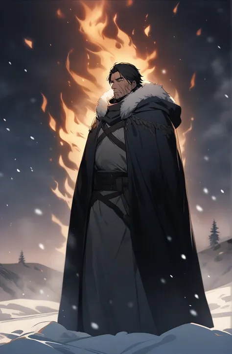 Older man with large burn scars and dark black hair. Tall, wearing a dark cloak with dusty blonde fur on the hood. wearing dark clothing underneath, fantasy winter setting, dark twilight background filled with snow, 1man