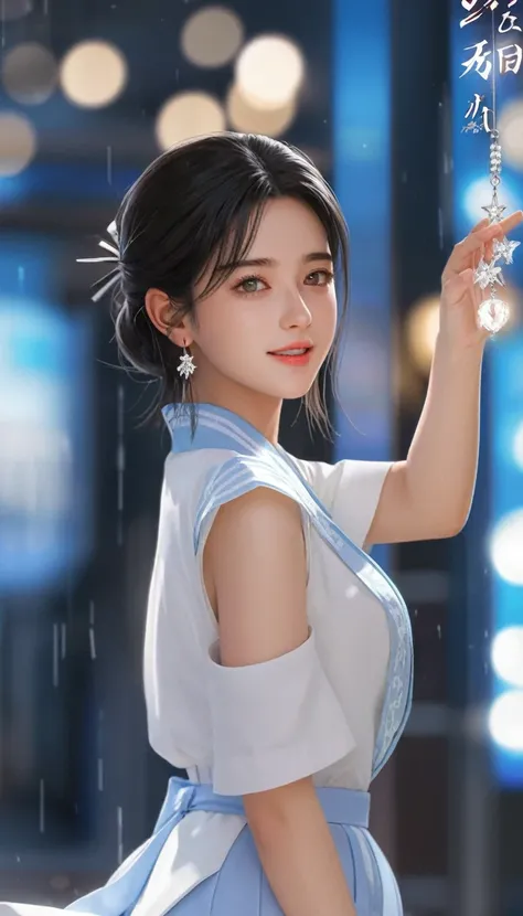 A girl,beautiful girl,Shot from waist to head、,Fine particles, Complete functions, (masterpiece), (best quality), (high quality), Intricate details, earrings, Ray Tracing, (transparent), (Bokeh), (Written border depth), Perfect skin, Happy, Black Hair, (肩よ...