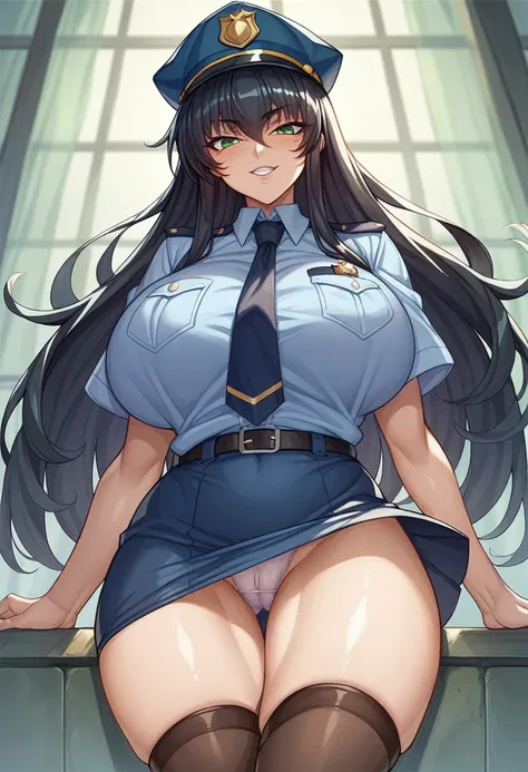 Taimanin Asagi、Asagi Igawa、Black Hair、Eyes are green、Long Hair、Huge breasts、open chested police officer、smile、skirt、Tucked up、Panty shot