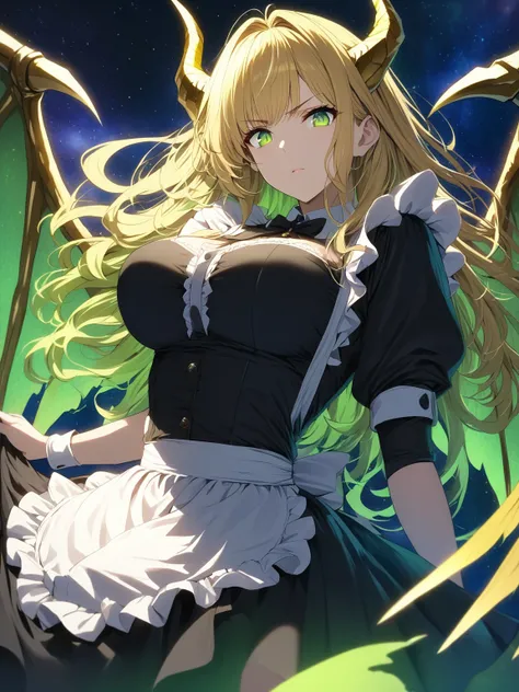 Masterpiece, very detailed, ultra detailed, one, (1 woman), she in a maid costume, long golden hair and parting on the side, yellow demonic horns, yellow dragon wings, beautiful, charming, bright green eyes, light eyes, elegant, large breasts (huge), serio...