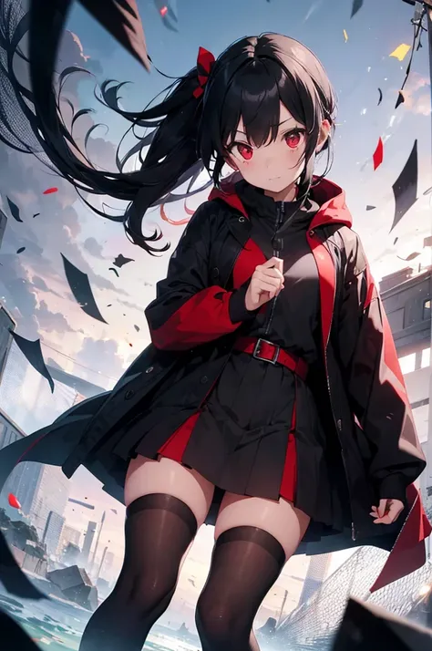 1woman,shot black hair,red eyes,black cloak mixed with red,black skirt,with long socks,teen