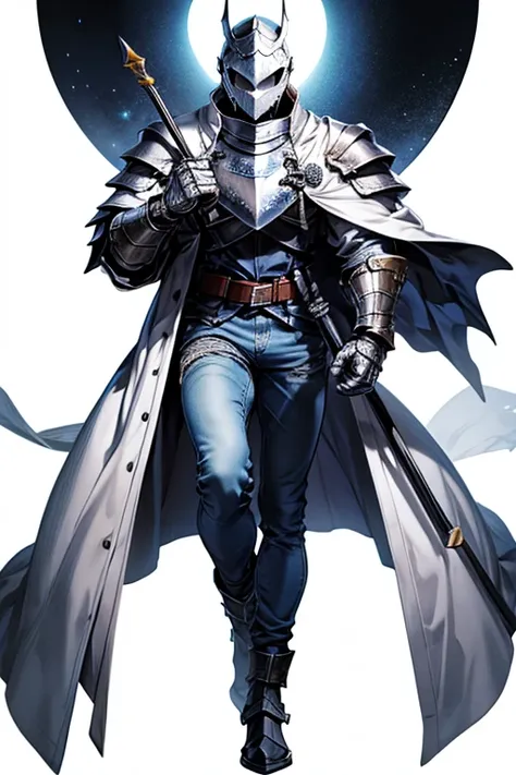 anime, full-body image, male wearing a knight Great Helm, pure white background, wearing jeans and trech coat, carrying a sabre