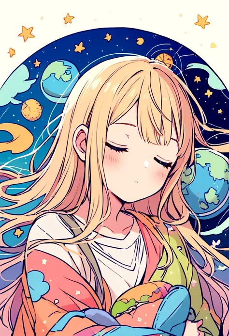 A girl with straight hair sleeping and dreaming of traveling around the world