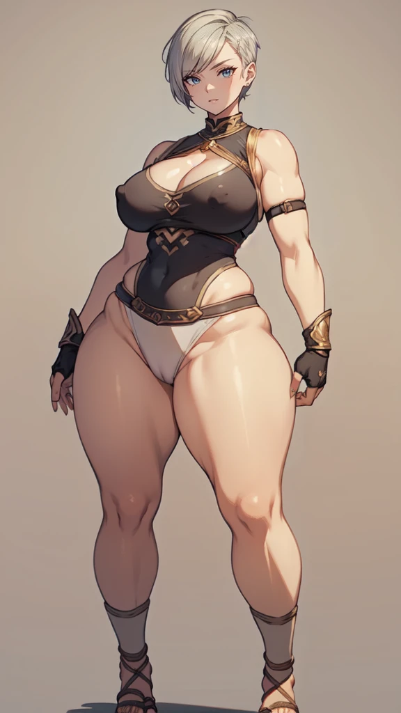 (masterpiece), best quality, female warrior, huge girl, female muscular:1.2, ((very short hair:1.6)), (silver hair), big breast, (curvy:1.6), (((blank background))), ((full body)), fingerless gloves, sandals, sleeveless, covered nipples, tshirt top, shaved...