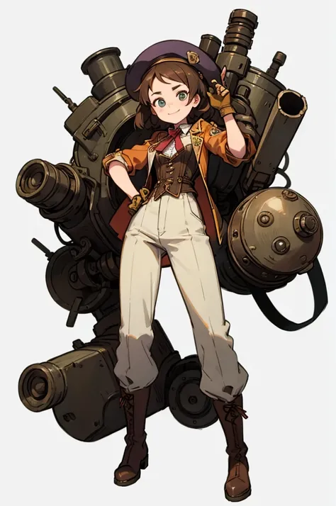 1.steampunk,15 years old,Goggles on the forehead,hat,A fake smile,gloves,whole body,boots,pants,White background, woman