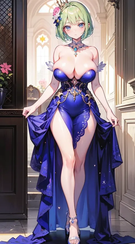 beautiful woman，smile，(light green short hair)，nobility，(princess)，blue student，Tall figure，((Strapless dress))，low skirt，(Star evening dress)，lolita skirt，Show your legs，Crystal heels，red carpet，prom website，(nobility)，(big tits),big breasts,Show your bre...