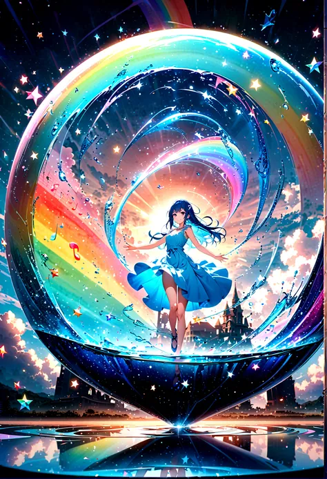 Anime style, ultra-detailed, 8K CG, blue-haired girl, smile, blue world, mysterious blue objects floating, star, (musical note), rainbow, blue dress, reflection, rainbow-colored water dancing around her. Rotating rainbow-colored water.