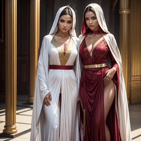 2 beautiful woman, ((standing face to face)), one in a (white/gold gedi robe), one beautiful woman in a (black/red sith lord costume), 2 women, star wars, hyperrealistic, 8k, highly detailed, photorealistic, dramatic lighting, cinematic composition, intric...