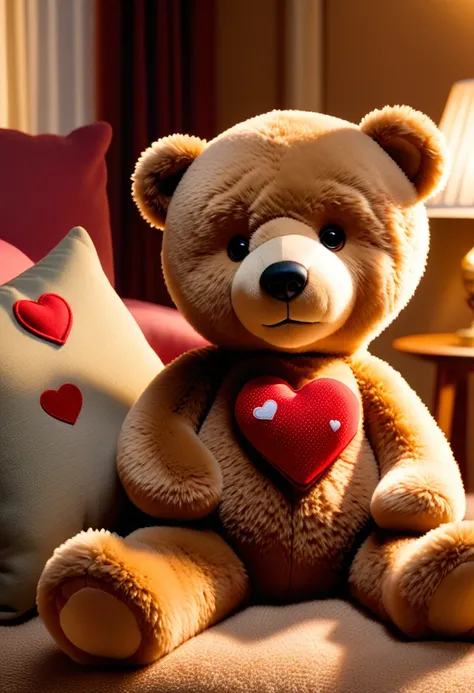 A teddy bear with a cast on its leg, lying down with its head resting on a pillow. The bear looks weary but resilient, with a heart-shaped patch sewn onto its chest. The scene is set in a warm, inviting living room with soft lighting.
