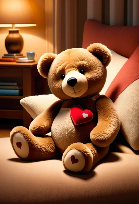 A teddy bear with a cast on its leg, lying down with its head resting on a pillow. The bear looks weary but resilient, with a heart-shaped patch sewn onto its chest. The scene is set in a warm, inviting living room with soft lighting.
