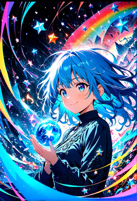 Anime style, ultra-detailed, 8K CG, blue-haired girl, smile, blue world, mysterious blue objects floating, star, musical note, rainbow