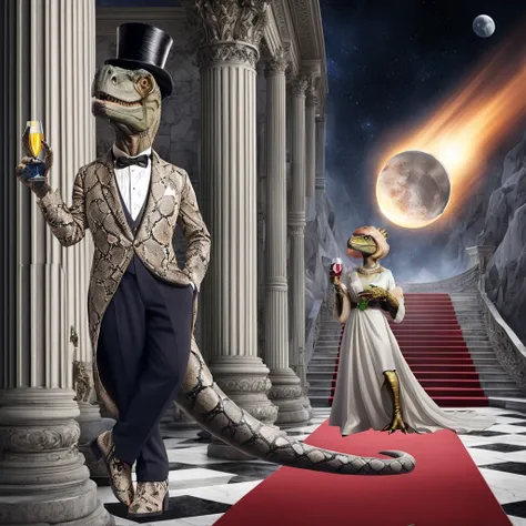 a male dinosaur standing in front of marble pillars, holding a glass of champagne. female dinosaur inbackground wearing fancy dr...