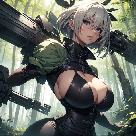 2B with huge breasts in the forest fighting with machines