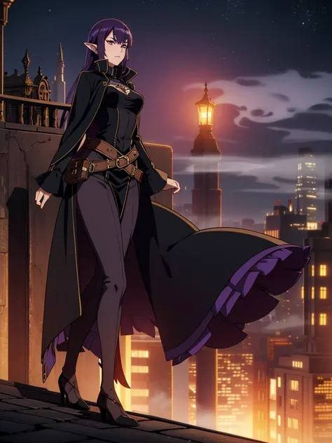 night,steampunk city,fatory,fog,smoke,on top of a roof,1mature woman,serious,black elegant outfit,purple hair,long hair,elf ears,crouched