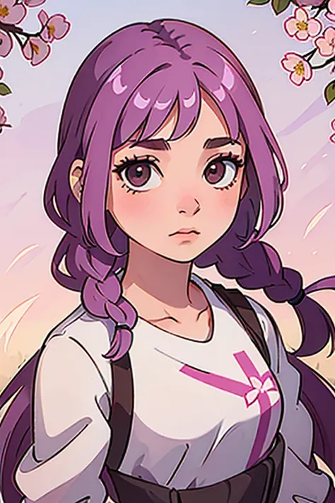 comic panel, young girl, pink hair with purple highlights, medium-long cut, with a headdress of braids brown eyes, with nice clothes, with little white flowers in her hair, looking longingly at one side of the field, while it&#39;s sunset