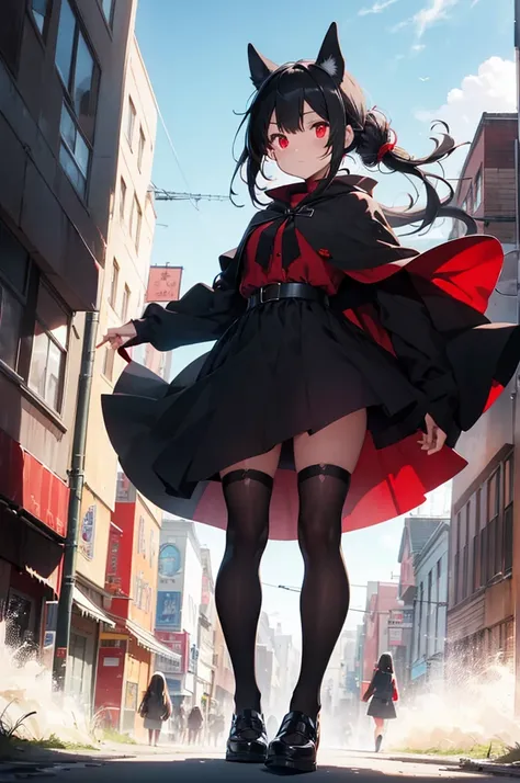 1woman,shot black hair,red eyes,black cloak mixed with red,black skirt,with long stockings reaching up to the thigh