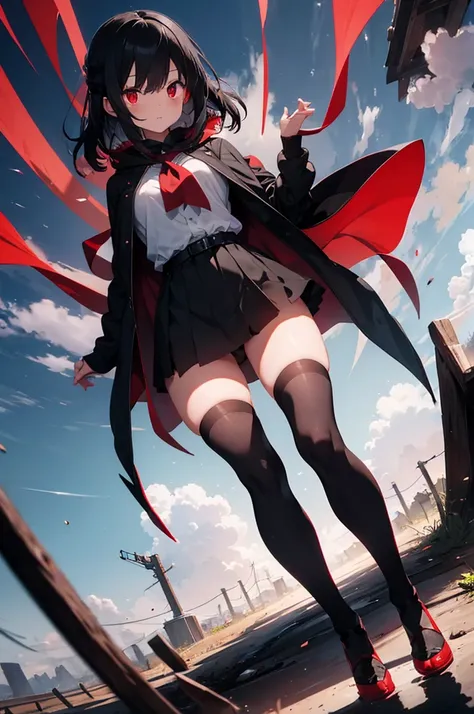 1woman,shot black hair,red eyes,black cloak mixed with red,black skirt,with long stockings reaching up to the thigh