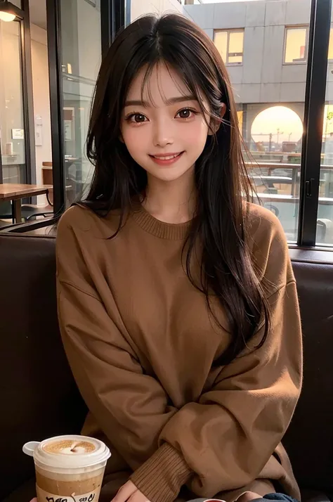 He is wearing a brown sweater and sitting in a cafe drinking coffee、A cute girl with long black straight hair, brown eyes and a round face, sunset, Smiling with no bangs and showing teeth, Holding a poodle puppy in her arms