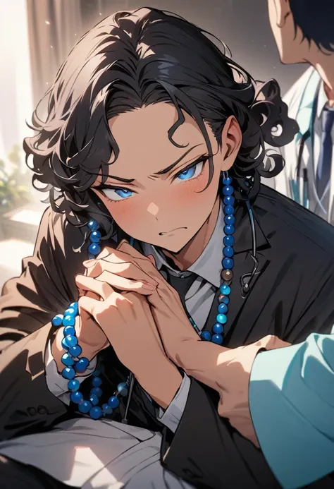 (( straight face picture )) ((best quality)), (Masterpiece)), (details), ( Beautiful colors ) ( ornamentation ) ,doctor ,young man , Tanned skin , black hair,blue eyes ,Shoulder-length hair ,Slightly curly hair , open forehead , suit ,doctor , Show off the...