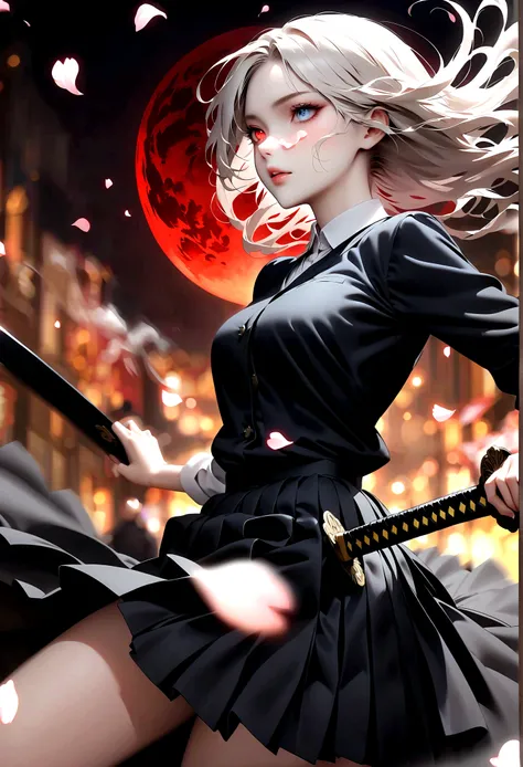 Japanese Anime：1 Girl, Beautiful and delicate eyes, Heterochromia，Beautiful and delicate lips, Extremely detailed eyes and face, Long eyelashes, Elegant Posture, White long hair,((( Black pleated skirt))), (((Glowing katana, Motion Blur, Petals in the air,...