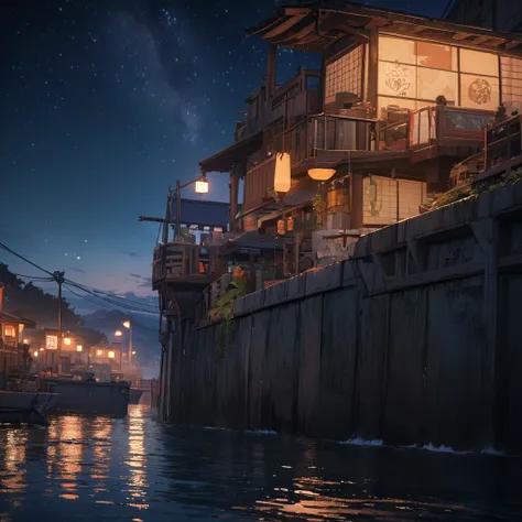 (((masterpiece))), Starry sky photography, Small concrete port , Japanese fishing port at night, Matt, Tranquil atmosphere, Calm sea, detailed, highly detailed, (8K)