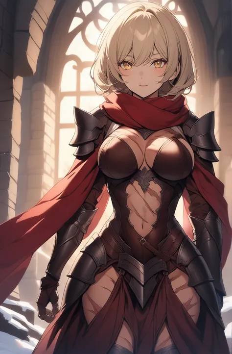 Older woman with strong build, small scars on body, titty window in shirt, short light blonde hair, yellow eyes, leather armor, large red scarf, looking at camera, large dark red shawl, fantasy clothing, fantasy winter setting