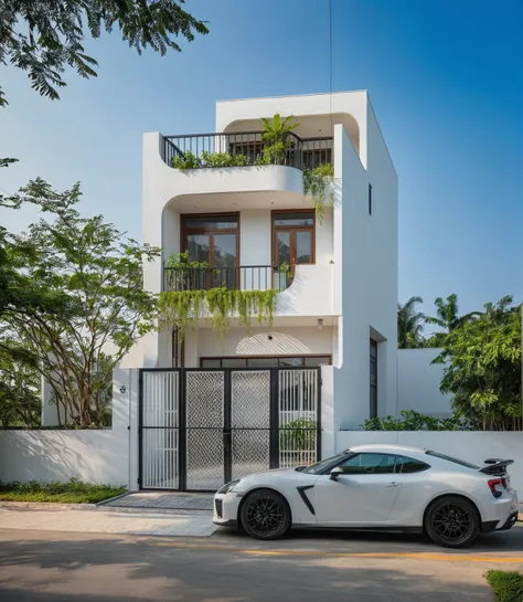 raw photo , a white minimalism woodandwhite modern house with a double story and simple architecture, surrounded by trees in the...